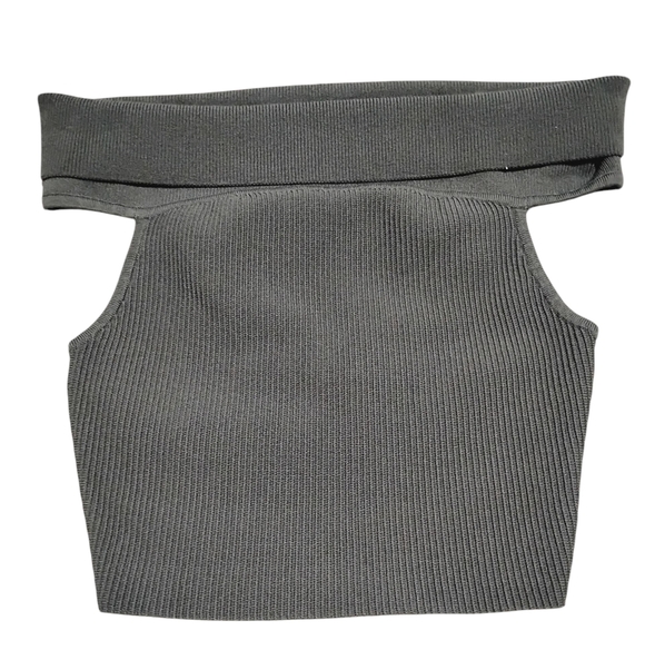 Babaton ARITZIA | Charcoal Off-Shoulder Ribbed Cropped Bodycon Top | Size Small - Picture 2 of 9